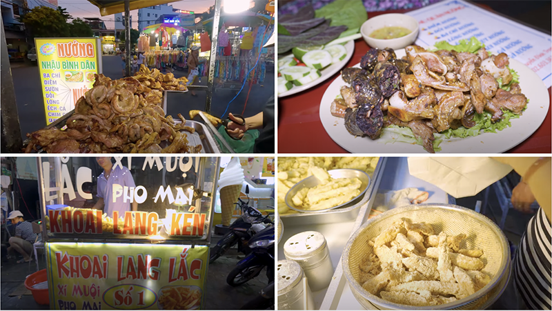 Bên ngoài khu vực chợ Hòa Khánh có nhiều hàng quán đồ nướng, nhậu, ăn vặt đa dạng