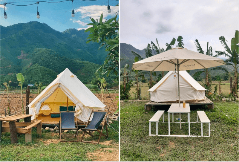 Lều trại được chuẩn bị đầy đủ khi bạn đến Làng Mê Đà Nẵng