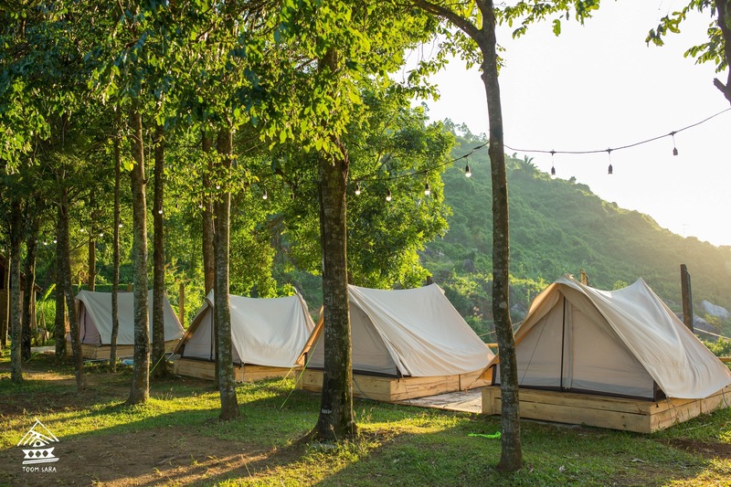 Khu vực lều trại nằm ẩn mình dưới những tán cây và hưởng trọn ánh nắng bình minh