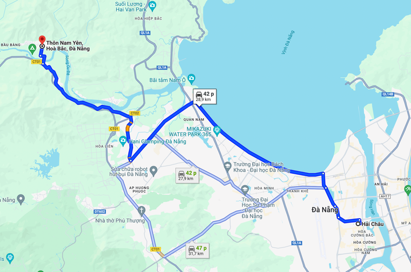 Khoảng cách từ trung tâm thành phố Đà Nẵng đến Nam Yên Village khoảng 29km