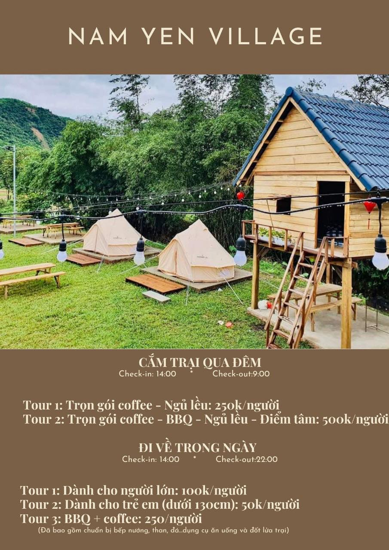 Một số thông tin về gói dịch vụ cắm trại qua đêm mà Nam Yên Village cung cấp (Nguồn: Nam Yên Village)