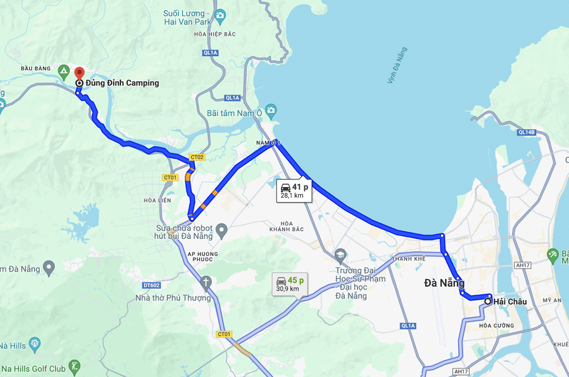 Thời gian di chuyển dự kiến từ trung tâm thành phố Đà Nẵng (quận Hải Châu) đến Đủng Đỉnh Camping khoảng 40 phút với 28km