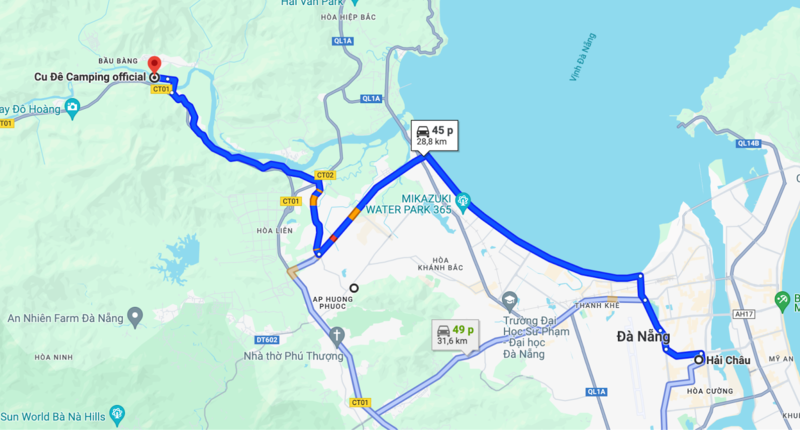 Tuyến đường duy chuyển từ trung tâm thành phố Đà Nẵng đến Cu Đê Camping khoảng hơn 28km
